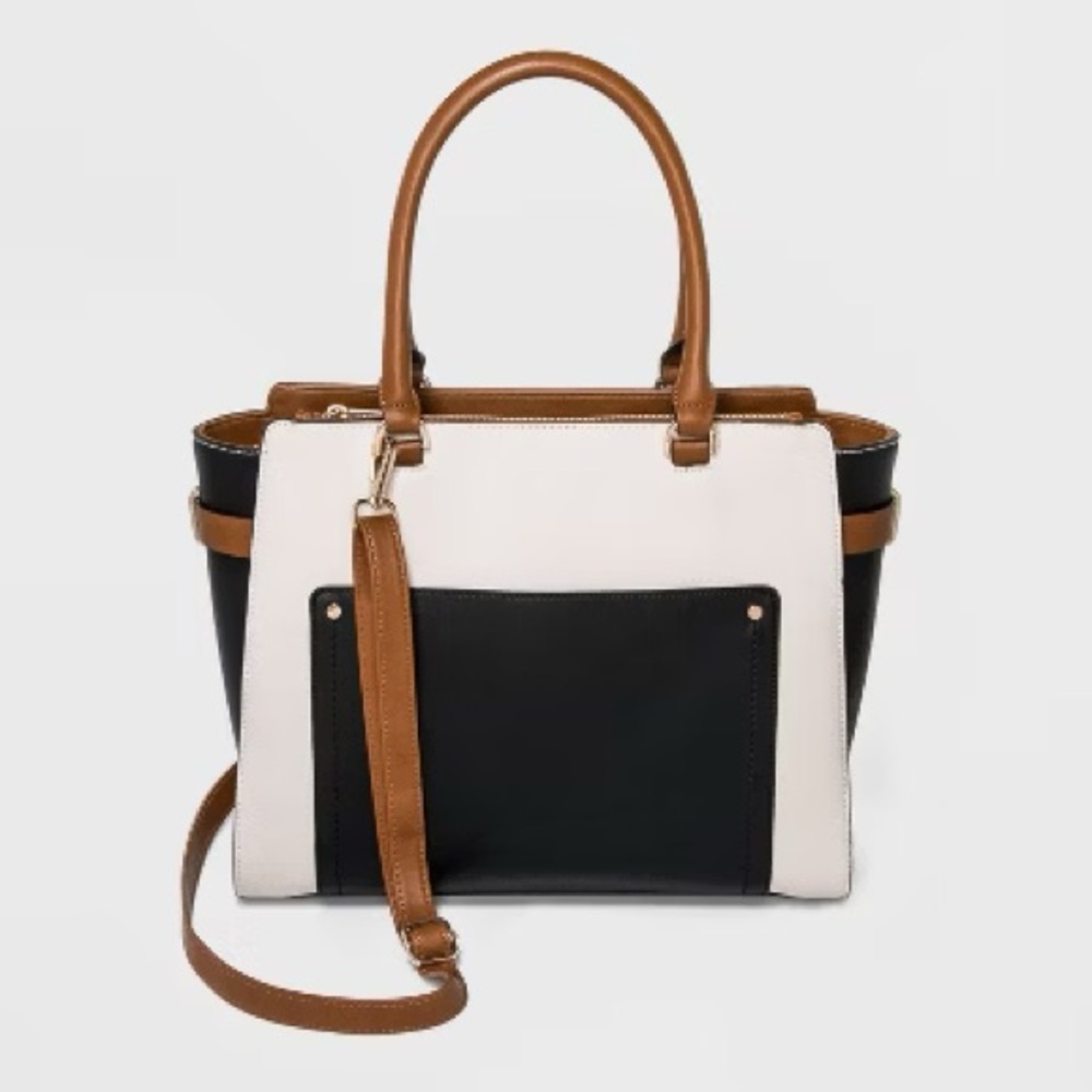 a new day Black and White Satchel with Tan Straps